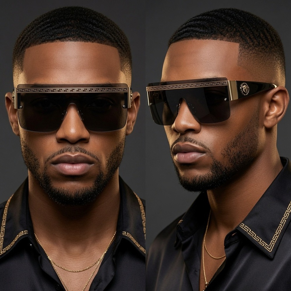 Men Sunglasses Festival, Cyber, Steampunk Retro Designer Look Gold Trim, Rimless